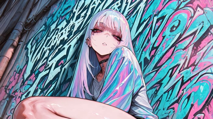 Anime Girl with White Hair and Graffiti