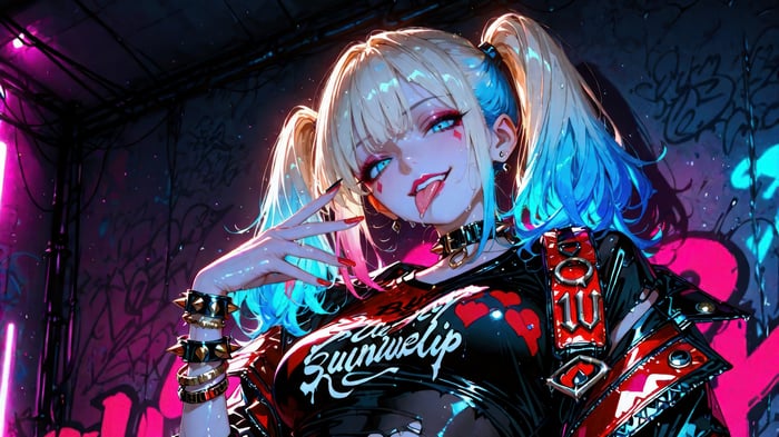 Anime Harley Quinn in a cyberpunk alley 4K