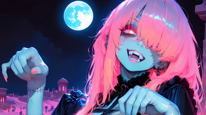 Anime Zombie Girl with Pink Hair and Blue Moon 4K