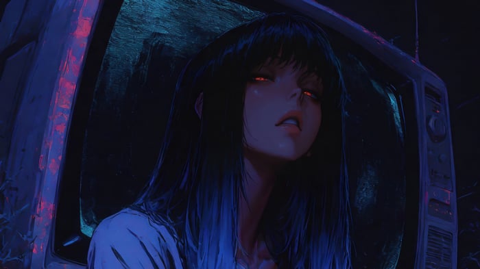 Anime Girl with Red Eyes in Front of Old TV 4K