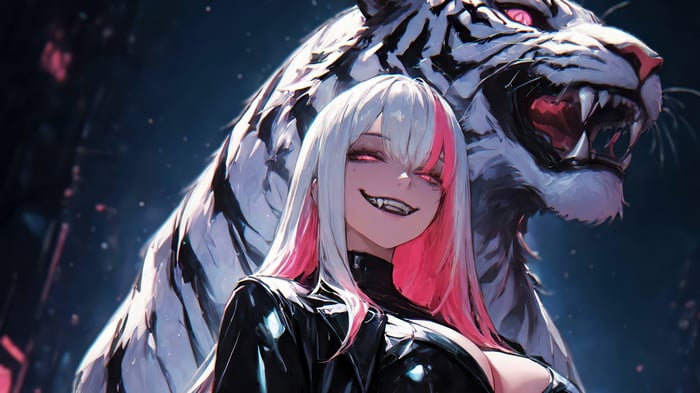Anime Girl with White and Pink Hair and White Tiger