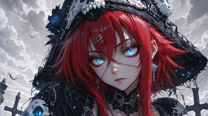 Anime Girl with Red Hair and Blue Eyes in Graveyard 4K