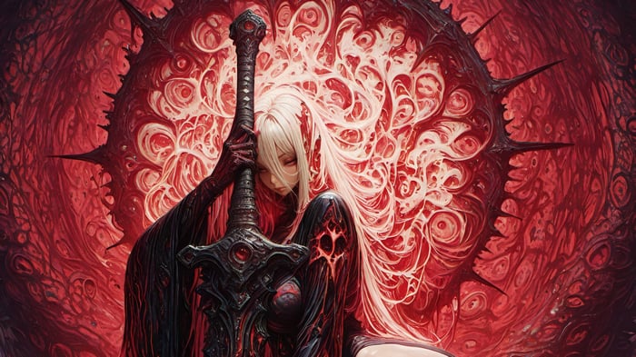Anime Girl with Sword in Red Fantasy Background 4K