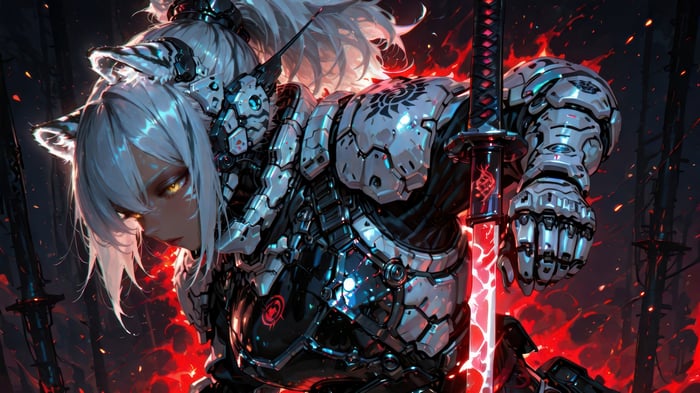 Sci-Fi Anime Warrior with Cat Ears and Katana 4K