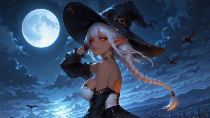 Anime Witch Elf Girl Under the Moon 4K