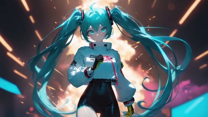 Hatsune Miku in a futuristic outfit with explosions