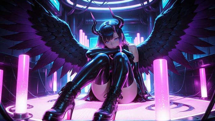 Anime Devil Girl with Black Wings and Horns 4K