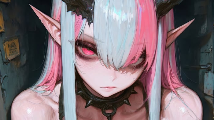Anime Demon Girl with Pink and White Hair 4K