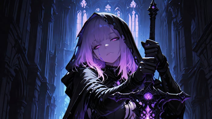 Anime Girl with Purple Eyes and Sword in Gothic Hall