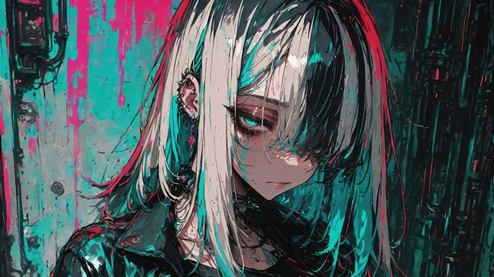 Anime Girl with White and Teal Hair in 4K