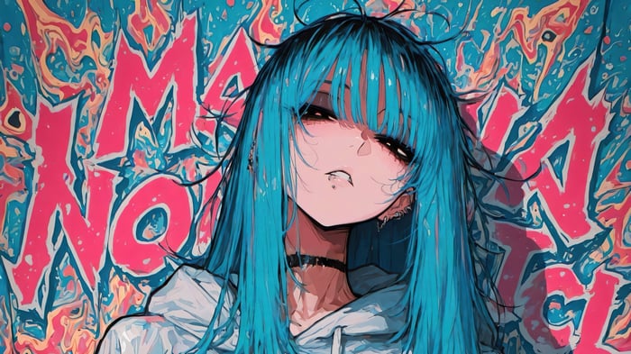 Anime Girl with Blue Hair and Graffiti Background 4K
