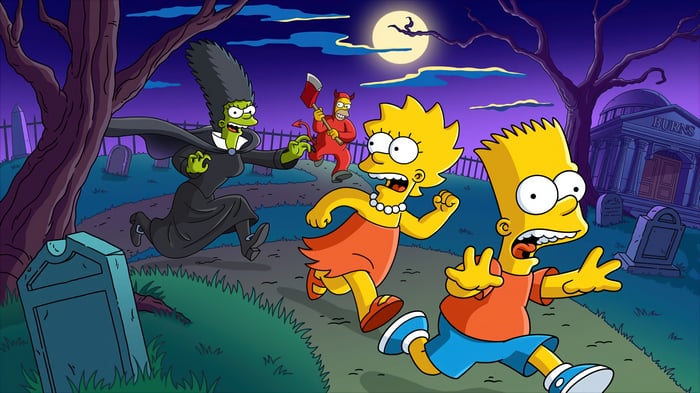 The Simpsons characters running from a witch and devil in a graveyard