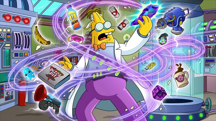 The Simpsons Professor with Fortnite items in a lab