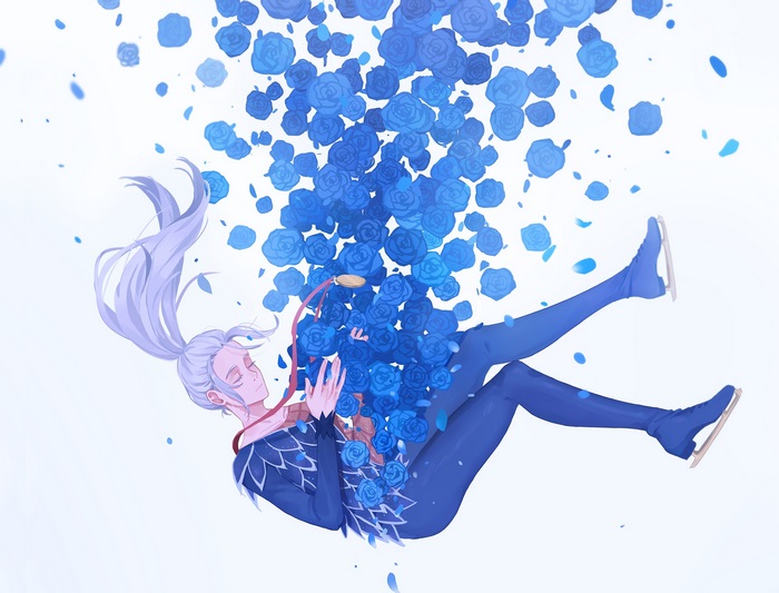 Victor Nikiforov falling amidst blue roses