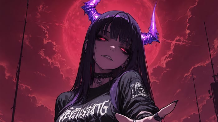 Anime Demon Girl with Red Eyes and Purple Horns 4K