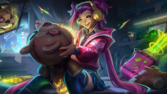 Jinx from League of Legends holding a plush toy