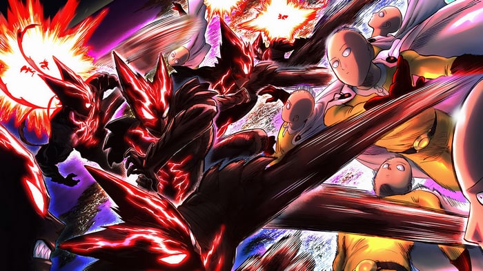 Saitama and Garou fighting in One Punch Man 4K