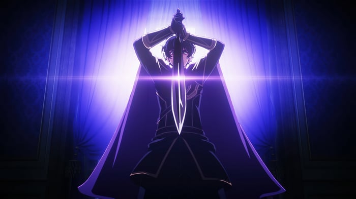 Anime character holding a sword with purple lighting