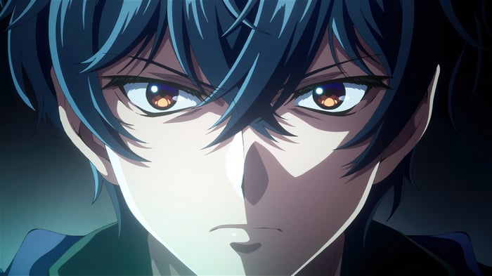 Anime character with dark blue hair and amber eyes