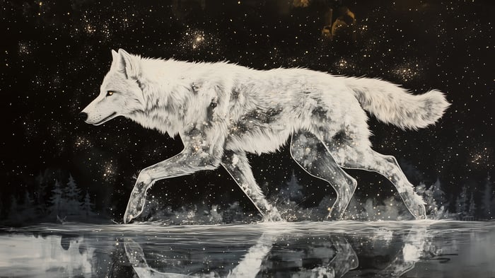 White Wolf in a Starry Night Sky 4K