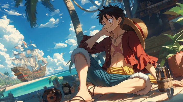 Monkey D. Luffy from One Piece on a tropical island 4K