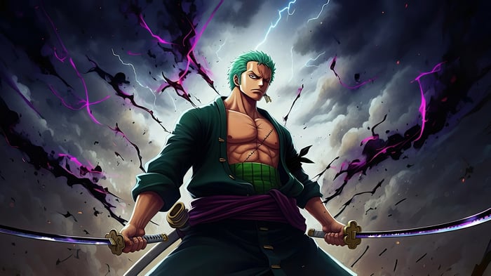 Roronoa Zoro with Three Katanas in Stormy Skies 4K
