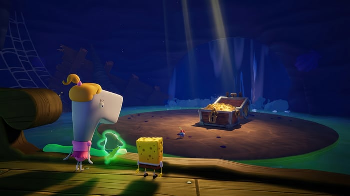 Pearl and SpongeBob find a treasure chest in SpongeBob SquarePants: Titans of the Tide 4K