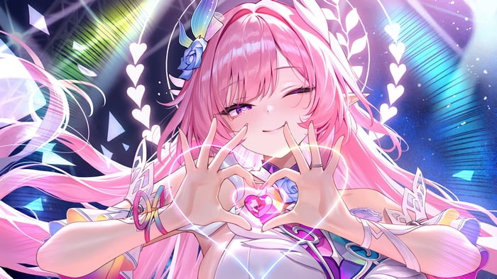 Cyrene from Honkai: Star Rail winks and makes a heart shape