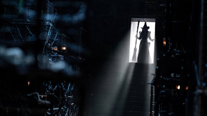 Elphaba with a broom in a doorway