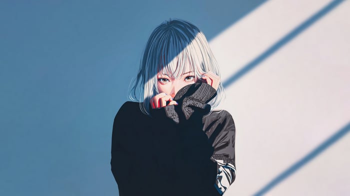 Anime Girl with White Hair Hiding Face