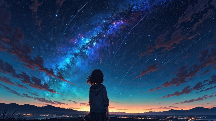 Anime Girl Looking at Starry Night Sky 4K