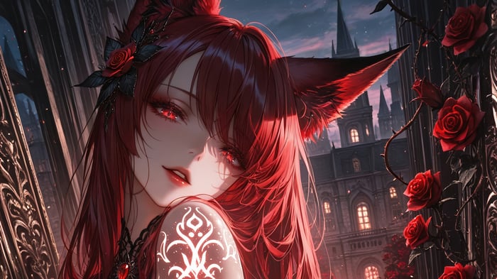 Anime Girl with Red Hair and Red Eyes in Fantasy Setting 4K
