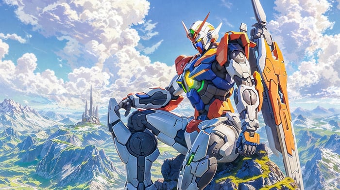Gundam 4K sitting on a mountain overlooking a castle