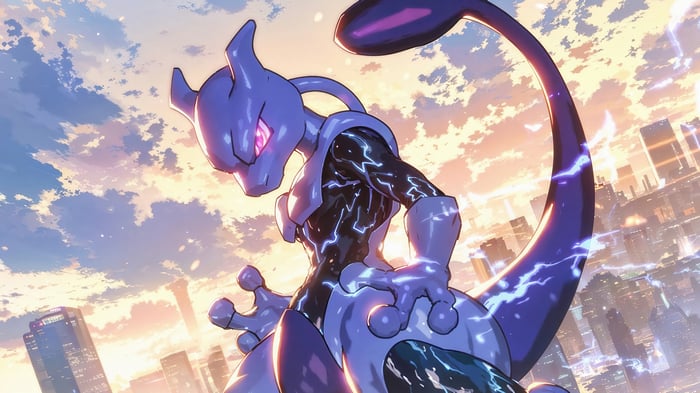 Mewtwo in a city at sunset 4K