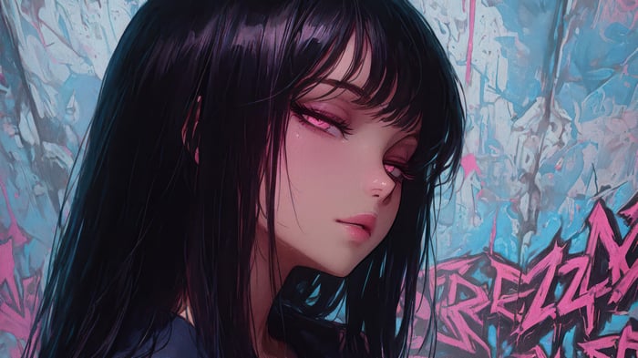 Anime Girl with Pink Eyes and Black Hair 4K