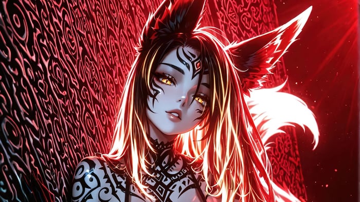 Anime Girl with Fox Ears and Tattoos 4K