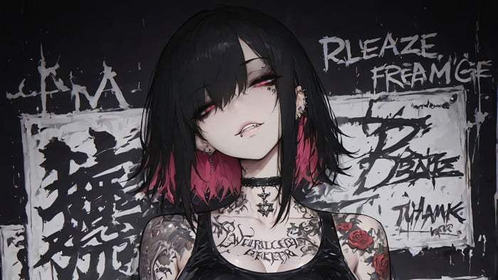 Anime Girl with Tattoos and Pink Streaks in Hair 4K