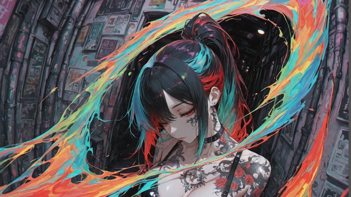 Anime Girl with Tattoos and Colorful Hair