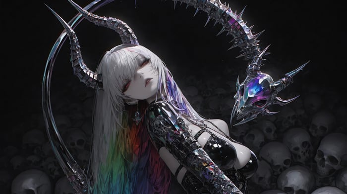 Demon Girl with White Hair and Horns 4K