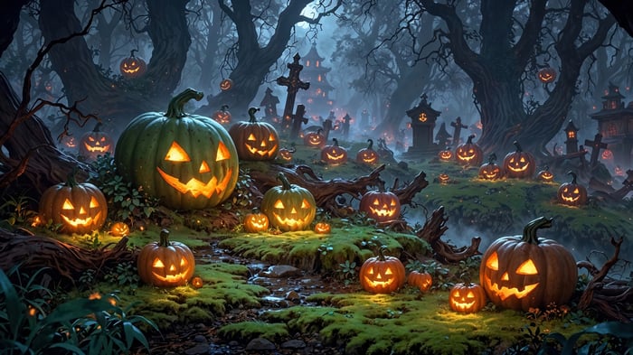 Halloween Graveyard with Carved Pumpkins 4K