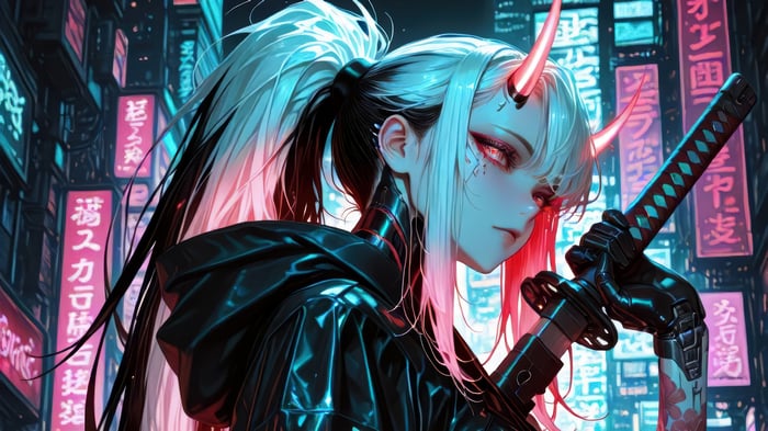 Cyberpunk Demon Girl with Katana 4K