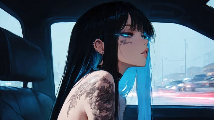 Anime Girl with Tattoos in a Car