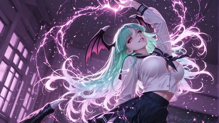 Morrigan Aensland in School Uniform with Lightning 4K