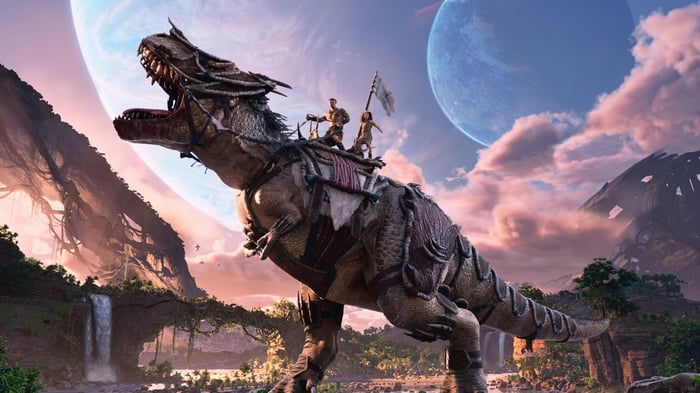 Ark 2 T-Rex with riders in alien landscape 4K