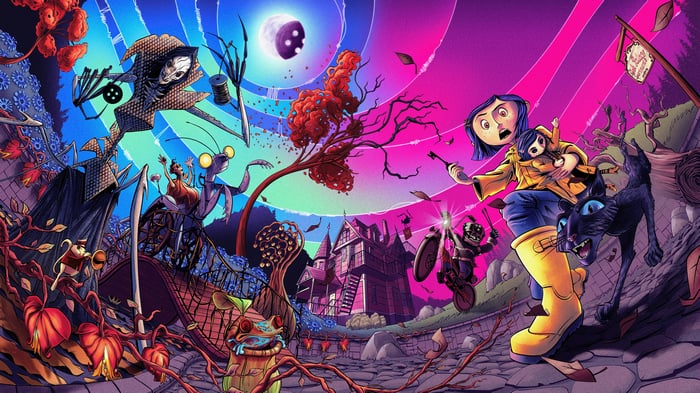 Coraline and the Other Mother in a surreal landscape