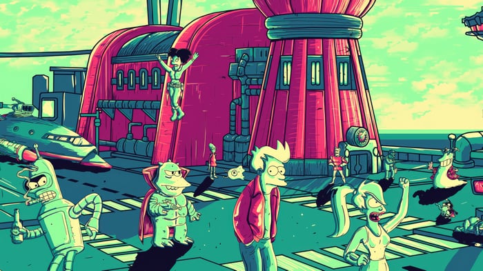 Futurama characters in front of a large pink building