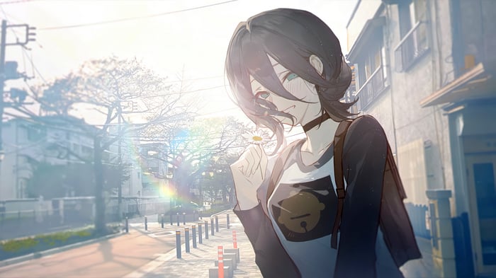 Anime girl holding a daisy in the sun