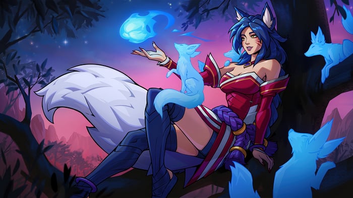 Ahri with spirit foxes in League of Legends 4K