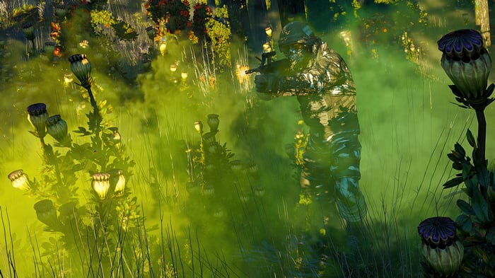 Soldier firing weapon in a yellow-green misty forest