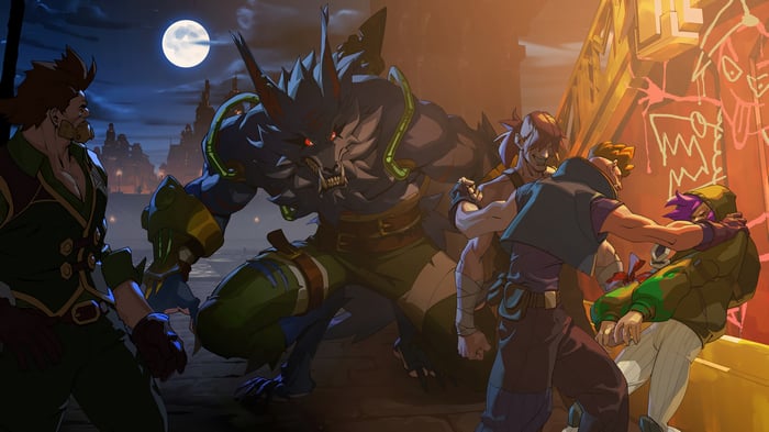 Warwick and men in a city at night